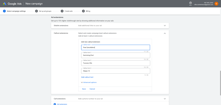 Set campaign extensions in Google Ads