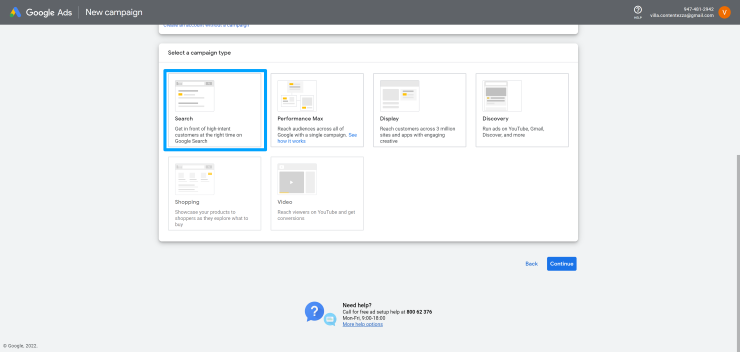 Choose campaign type in Google Ads