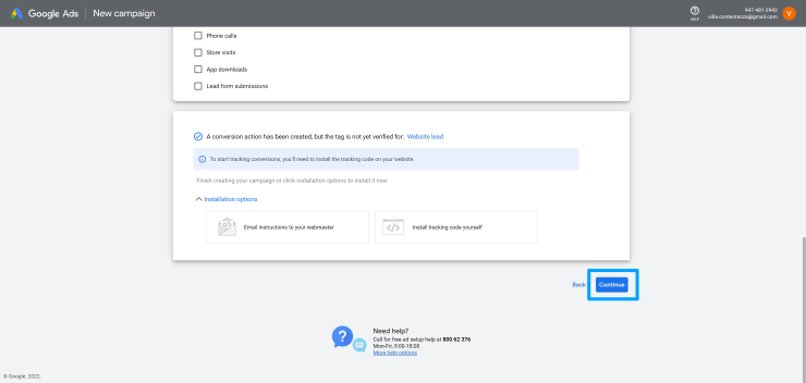 Continue Google Ads setup
