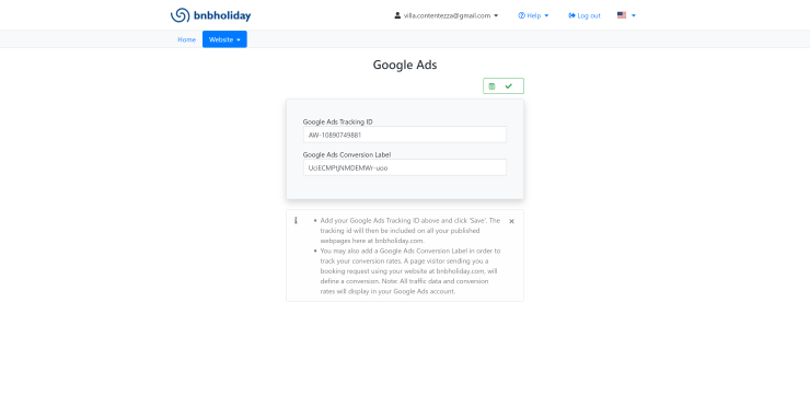 Google Ads conversion tracking setup in BnB Holiday