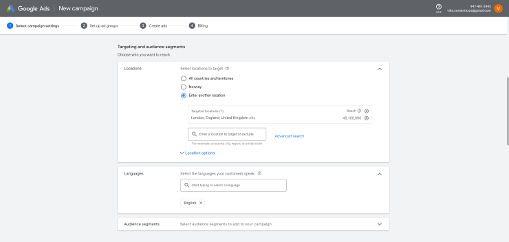 Set a target location and customer language in Google Ads