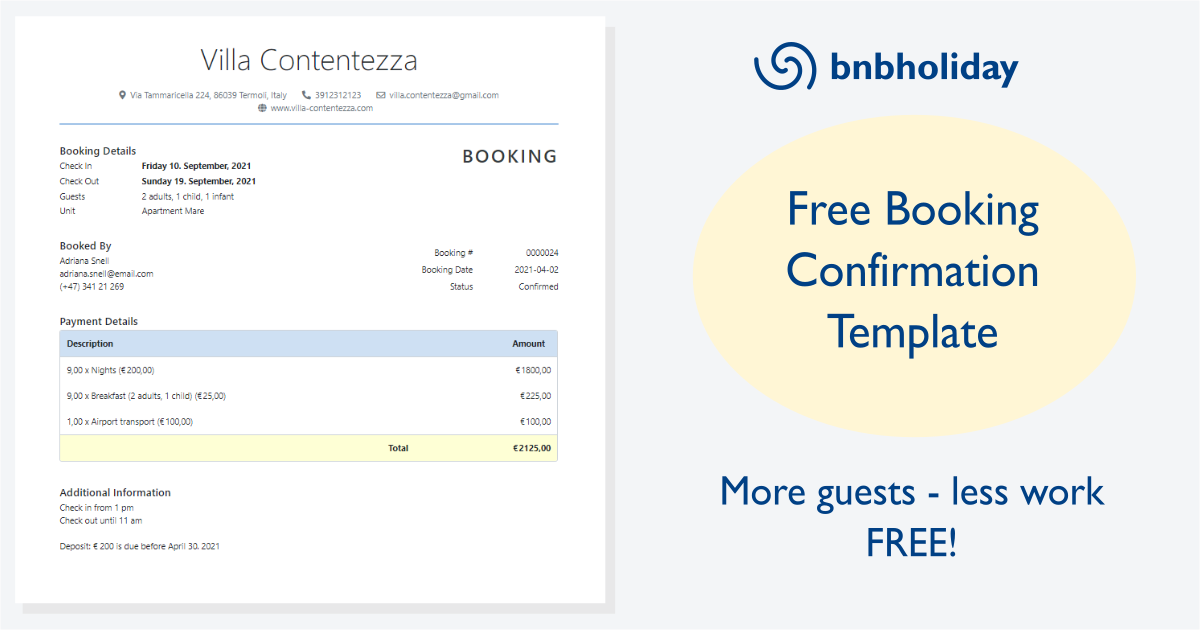 Free Booking Confirmation Template Print Save Or PDF