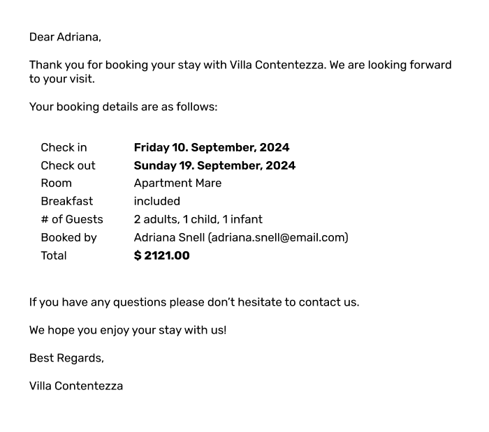Booking Confirmation E-mail Example
