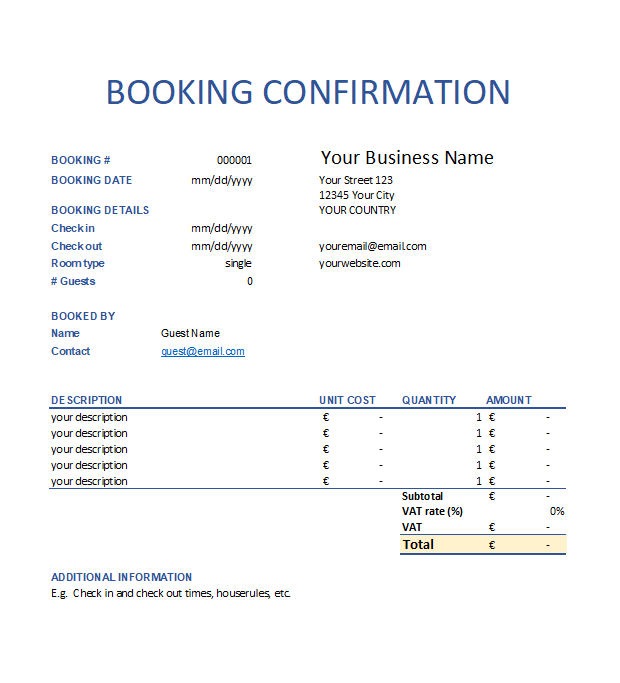 Excel booking confirmation template