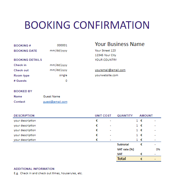Free Booking Confirmation Template Print Save Or PDF