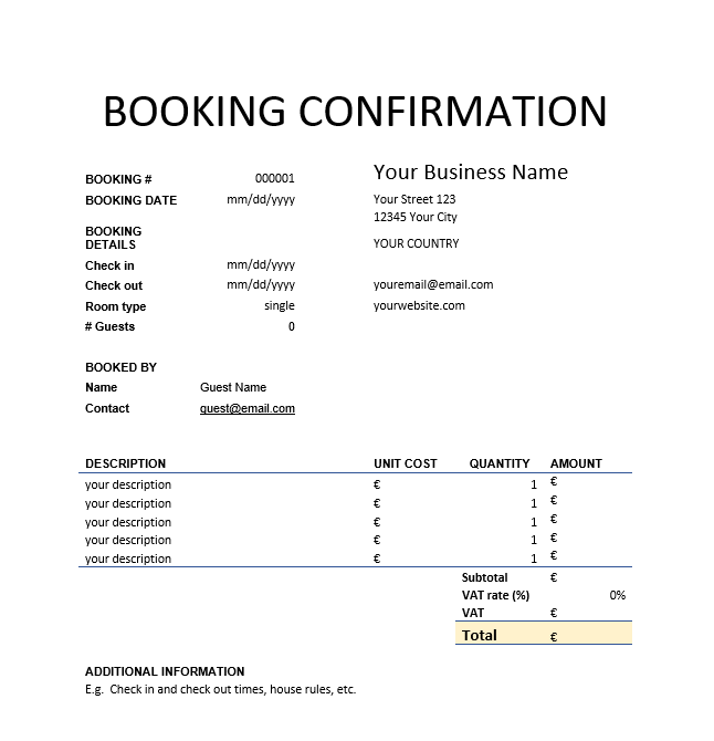 MS Word booking confirmation template