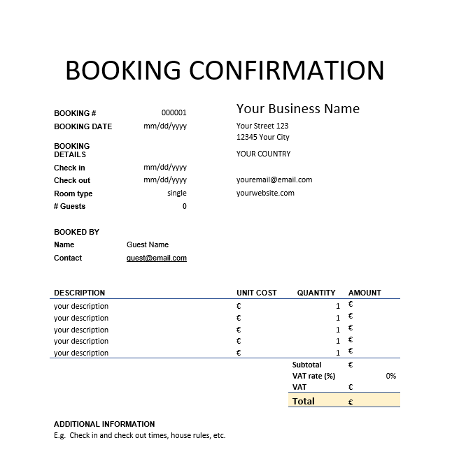 Free Booking Confirmation Template | Print, Save or PDF