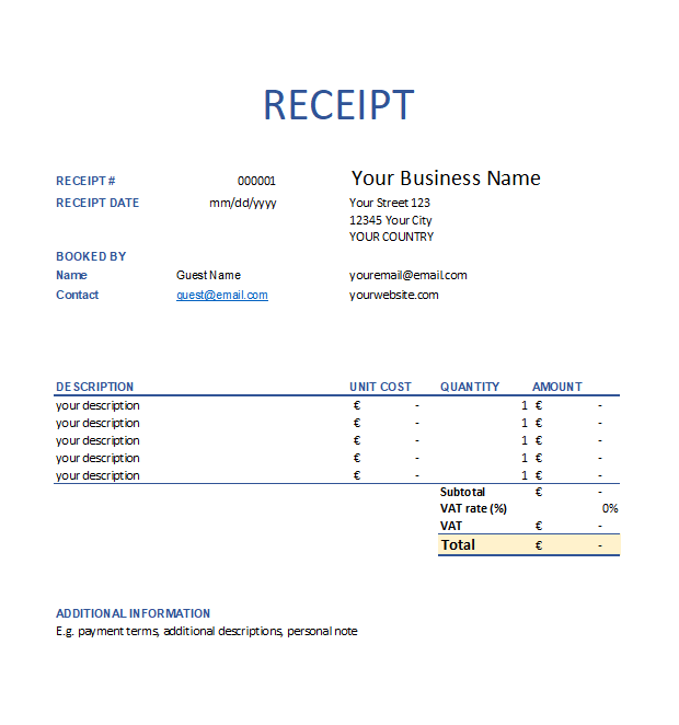 Plantilla de Recibo de Hotel | Imprimir, Guardar o PDF