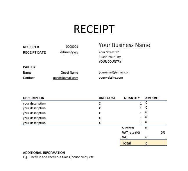 MS Word hotel receipt template