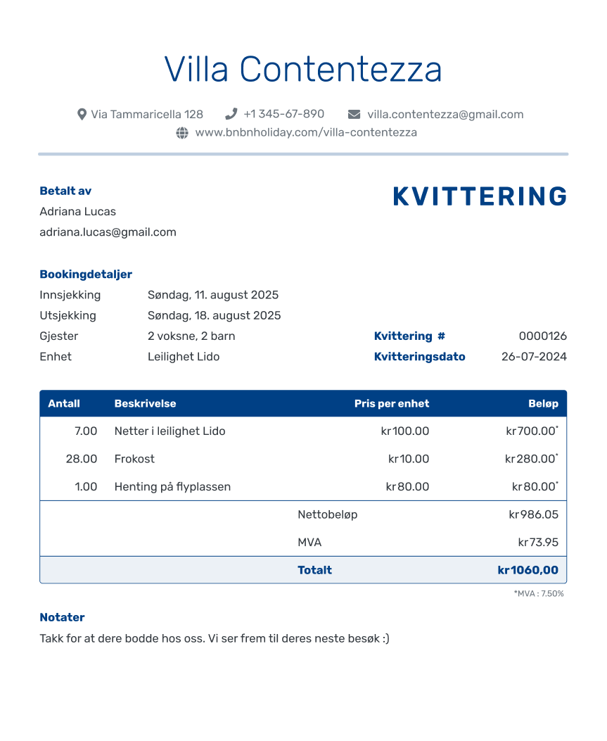 Kvittering for utleie